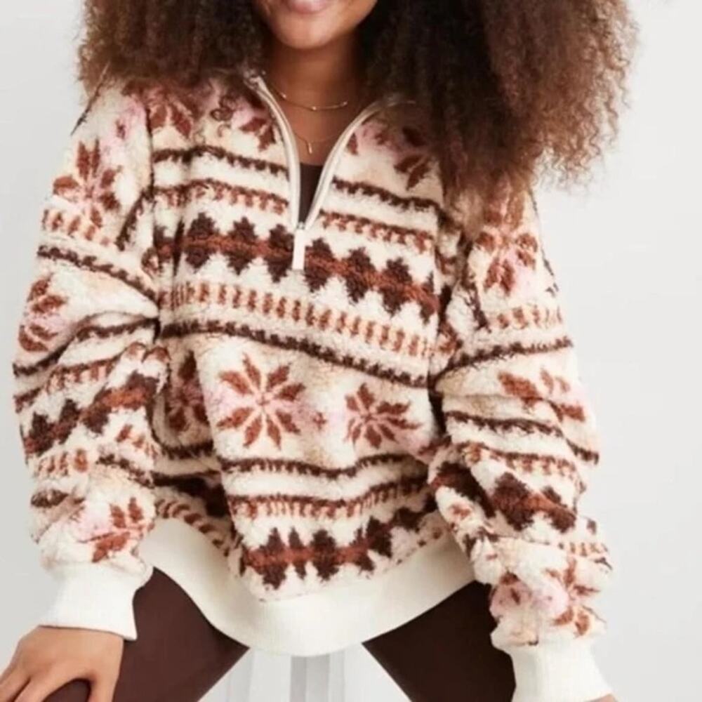 Aerie Hometown Holiday 1/4 Zip Fair Isle Sherpa Fleece Pullover Jacket White S